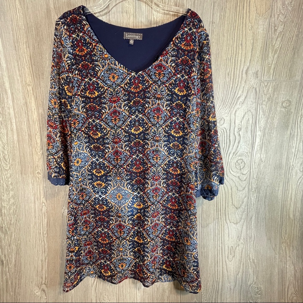 Luxology Mini Dress Three-quarter Bell Sleeve Multi Color Floral Print Size 6